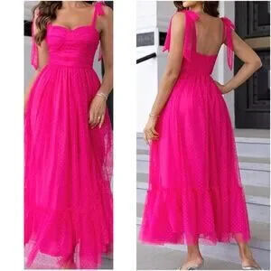 Classic Hot Pink Swiss Dot Formal Party Wedding Maxi Dress